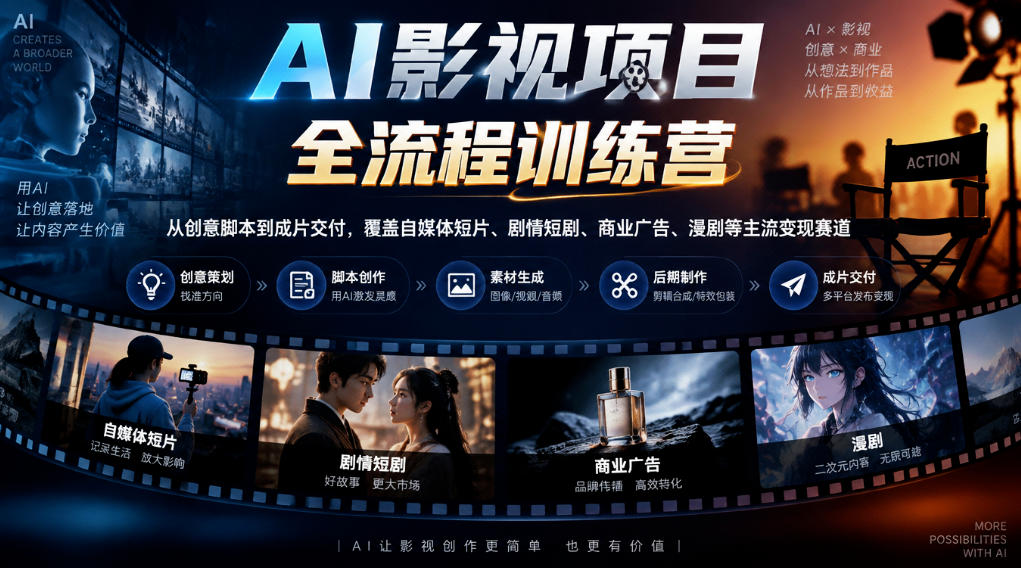 AI影视项目全流程训练营,从创意脚本到成片交付,覆盖自媒体短片、剧情短剧、商业广告、漫剧等主流变现赛道-轻创终点站