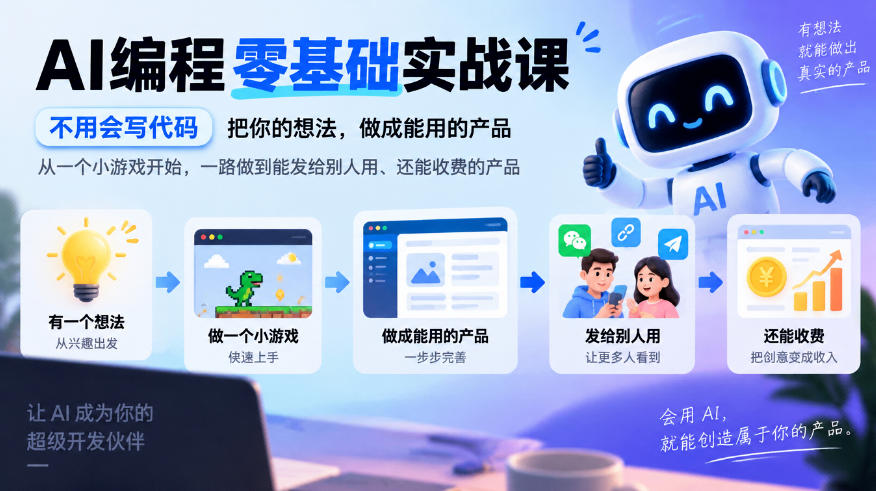 AI编程零基础实战课，不用会写代码，把你的想法，做成能用的产品，从一个小游戏开始，一路做到能发给别人用、还能收费的产品-轻创终点站