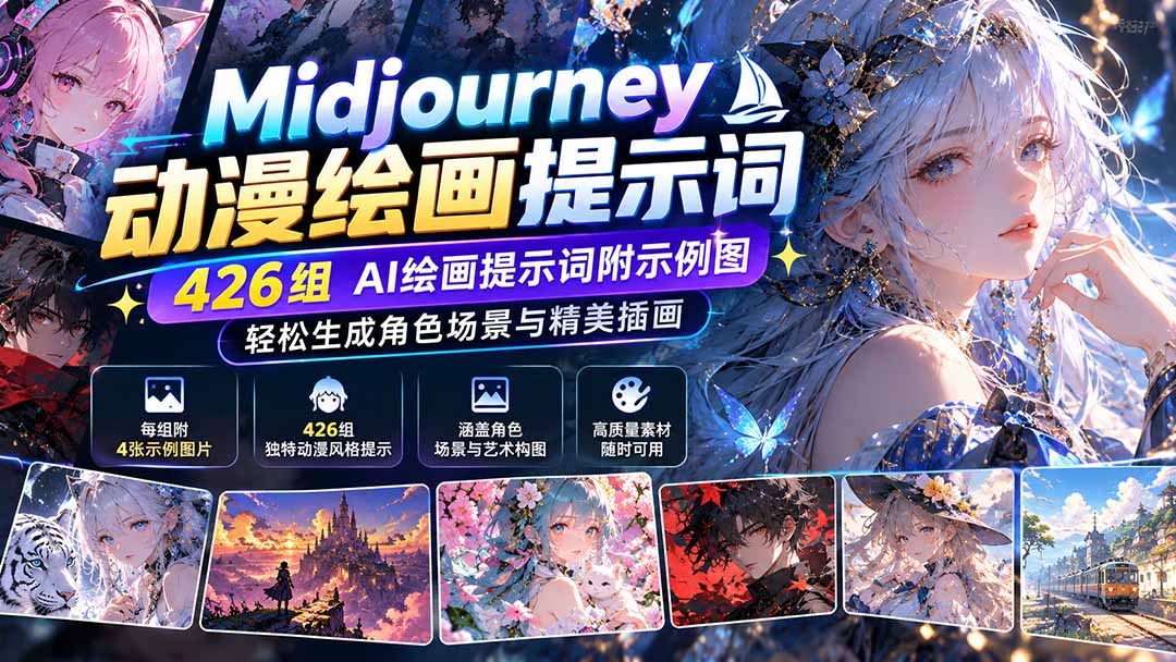 Midjourney动漫绘画提示词:426组AI绘画提示词附示例图,轻松生成角色场景与精美插画-轻创终点站