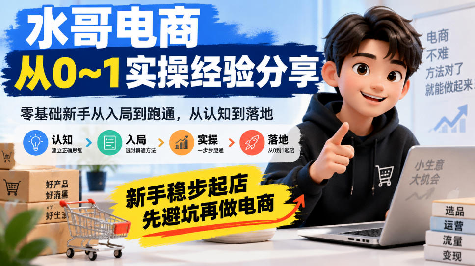 水哥电商从0~1实操经验分享,零基础新手从入局到跑通,从认知到落地,新手稳步起店,先避坑再做电商-轻创终点站