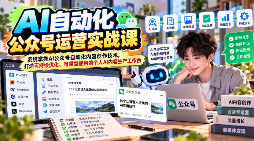 AI自动化公众号运营实战课,系统掌握AI公众号自动化内容创作技术,打造可持续优化、可重复使用的个人AI内容生产工作台-轻创终点站