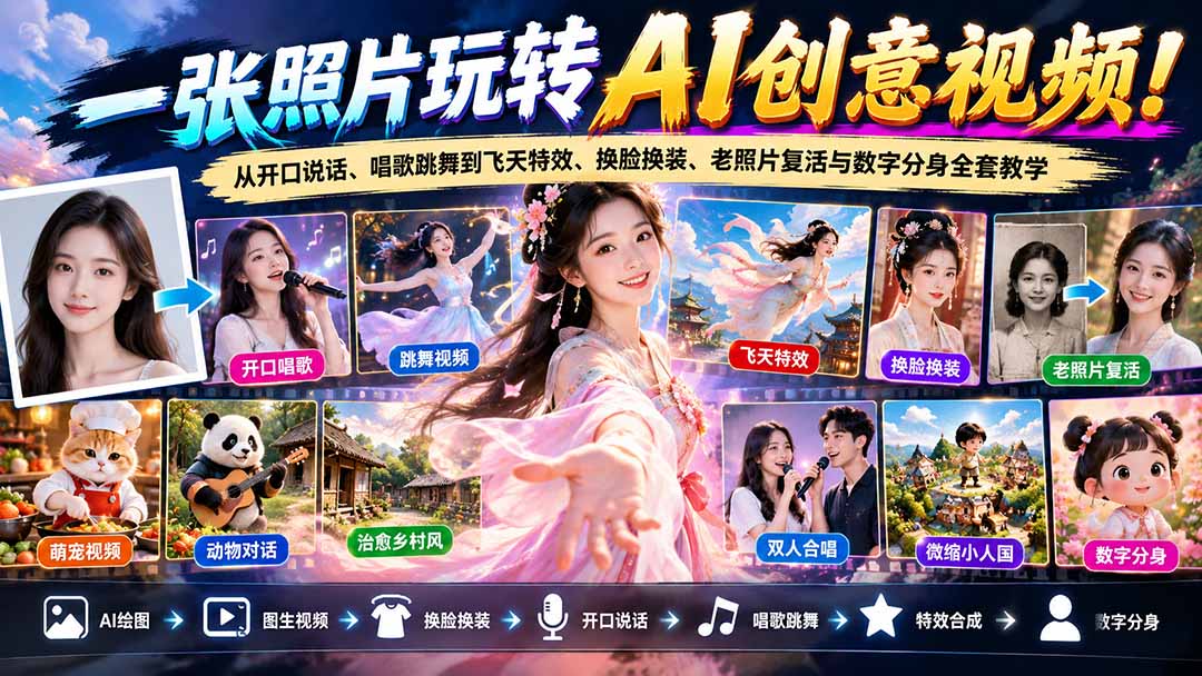一张照片玩转AI创意视频!从开口说话、唱歌跳舞到飞天特效、换脸换装、老照片复活与数字分身全套教学-轻创终点站
