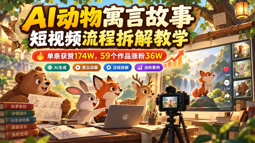 AI动物寓言故事短视频流程拆解教学,单条获赞174W,59个作品涨粉36W-轻创终点站