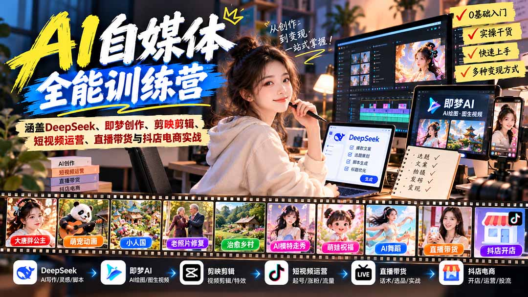 【无水印】AI+自媒体全能训练营:涵盖DeepSeek、即梦创作、剪映剪辑、短视频运营、直播带货与抖店电商实战-轻创终点站