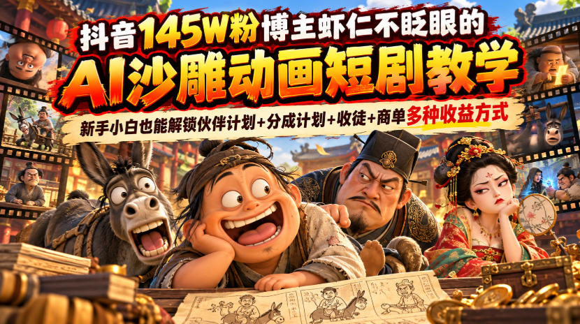 抖音145W粉博主虾仁不眨眼的AI沙雕动画短剧教学,新手小白也能解锁伙伴计划+分成计划+收徒+商单多种收益方式-轻创终点站