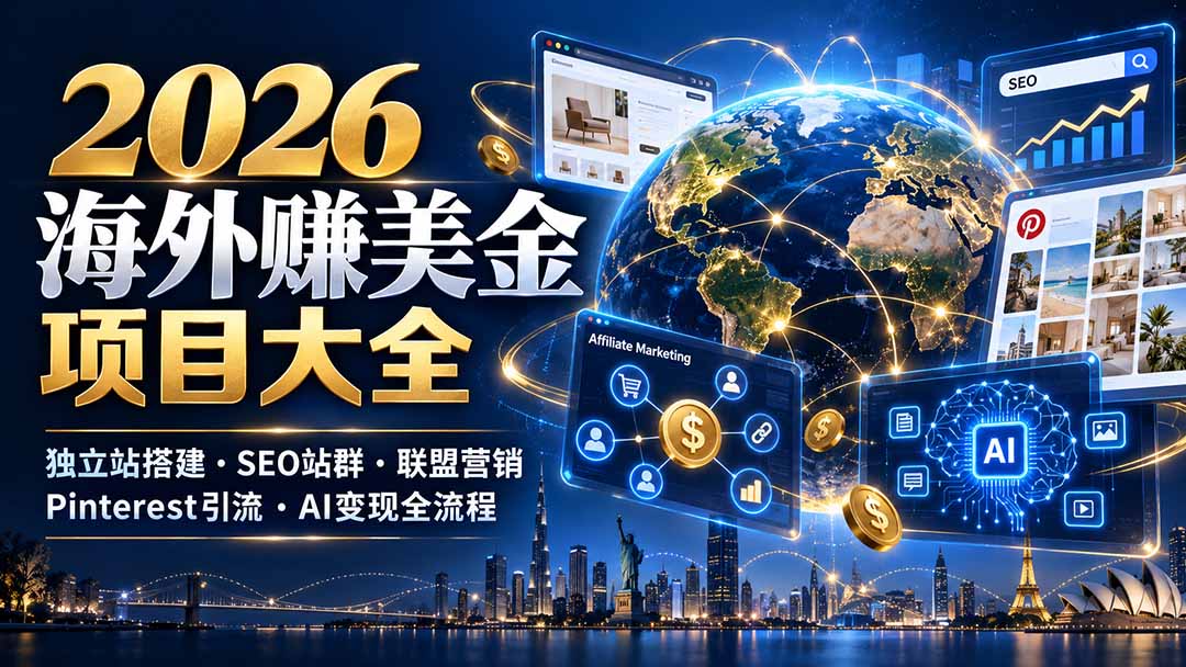2026海外赚美金项目大全:独立站搭建、SEO站群、联盟营销、Pinterest引流与AI变现全流程-轻创终点站