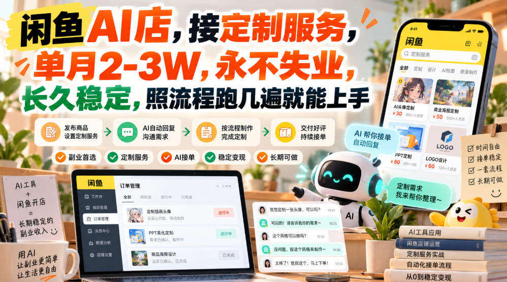 闲鱼AI店,接定制服务,单月2-3W,永不失业,长久稳定,照流程跑几遍就能上手-轻创终点站