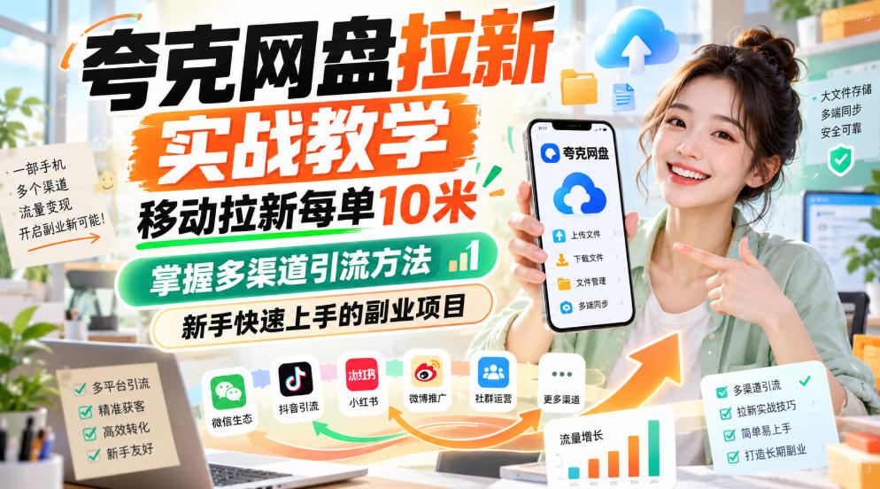 夸克网盘拉新实战教学,移动拉新每单10米,掌握多渠道引流方法,新手快速上手的副业项目(更新1028)-轻创终点站