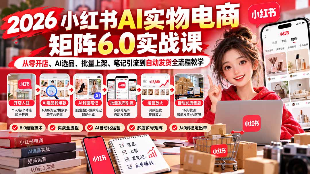2026小红书AI实物电商矩阵6.0实战课：从零开店、AI选品、批量上架、笔记引流到自动发货全流程教学-轻创终点站