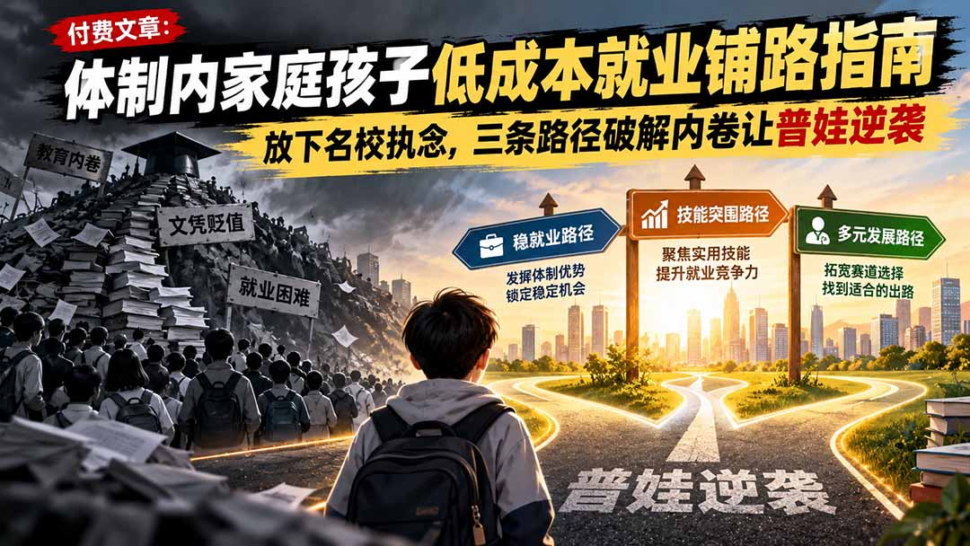 付费文章:体制内家庭孩子低成本就业铺路指南,放下名校执念,三条路径破解内卷让普娃逆袭-轻创终点站