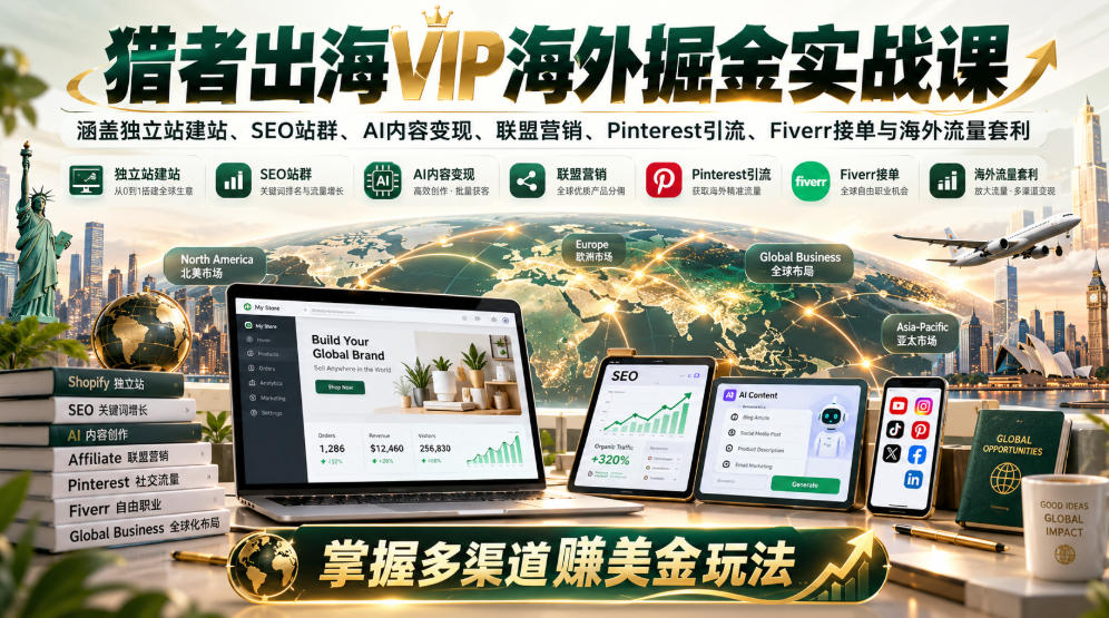 猎者出海VIP海外掘金实战课:涵盖独立站、SEO站群、AI变现、联盟营销、Pinterest引流、Fiverr接单与海外流量套利,掌握多渠道賺美金玩法-轻创终点站