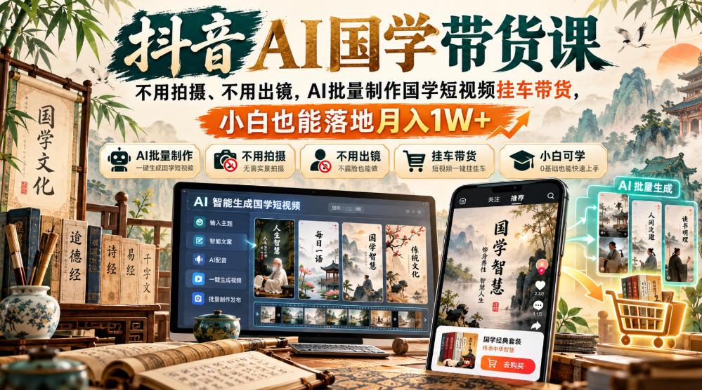 抖音AI国学带货课,不用拍摄、不用出镜,AI批量制作国学短视频挂车带货,小白也能落地月入1W+-轻创终点站