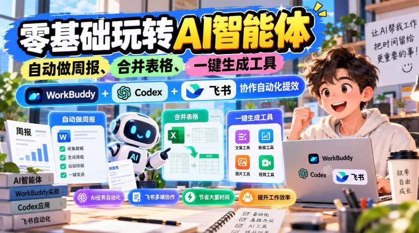 【无水印】零基础玩转AI智能体,自动做周报、合并表格、一键生成工具,WorkBuddy+Codex + 飞书协作自动化提效-轻创终点站